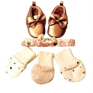 Baby Girl 5 Piece Bundle: One Pair of Shoes, Headband & Three Pairs of Mittens